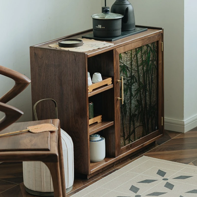 Tea table black walnut movable tea cabinet living room household solid wood tea side cabinet retro dining side cabinet