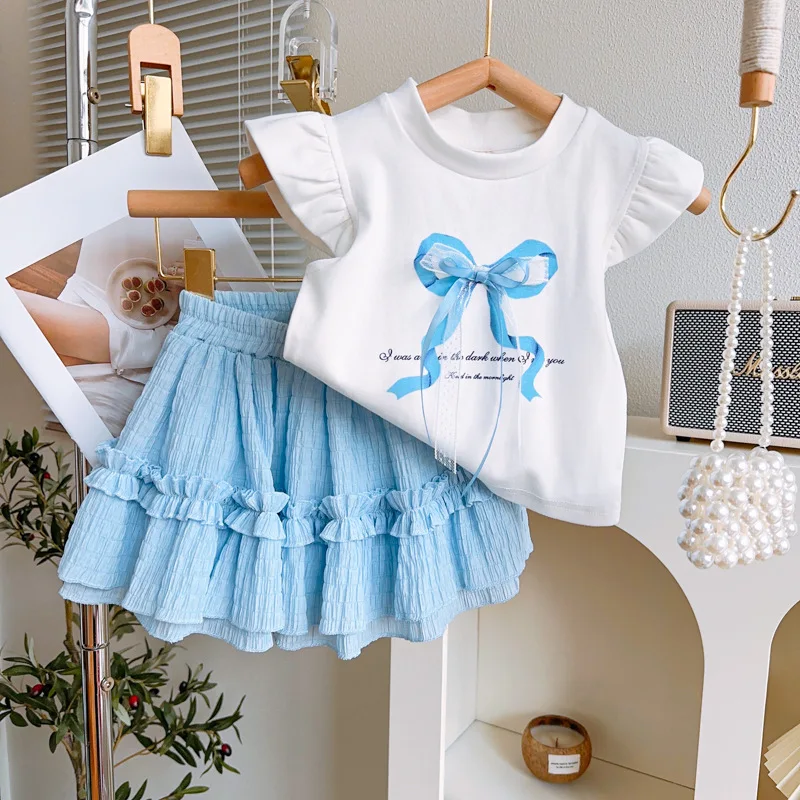 

Girls' Summer Outfit New Fashion Casual Bow Short SleeveTT-shirt and Skirt Two-Piece Set Wholesale