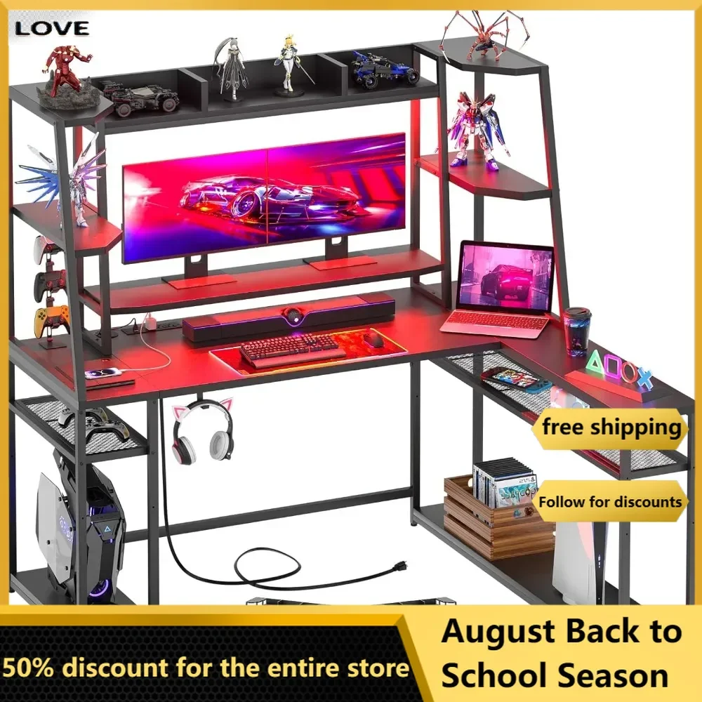 L Shaped Gaming Desk with Hutch, 63'' L Desk for Gaming with Charger Station with LED Lights, L Shaped Desk with Storage