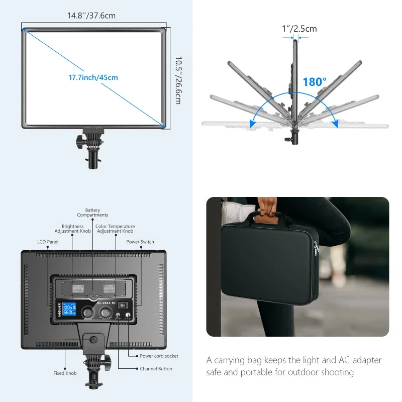 NL288 Large LED Video Light Panel, 45W Bi-color Dimmable LED Light