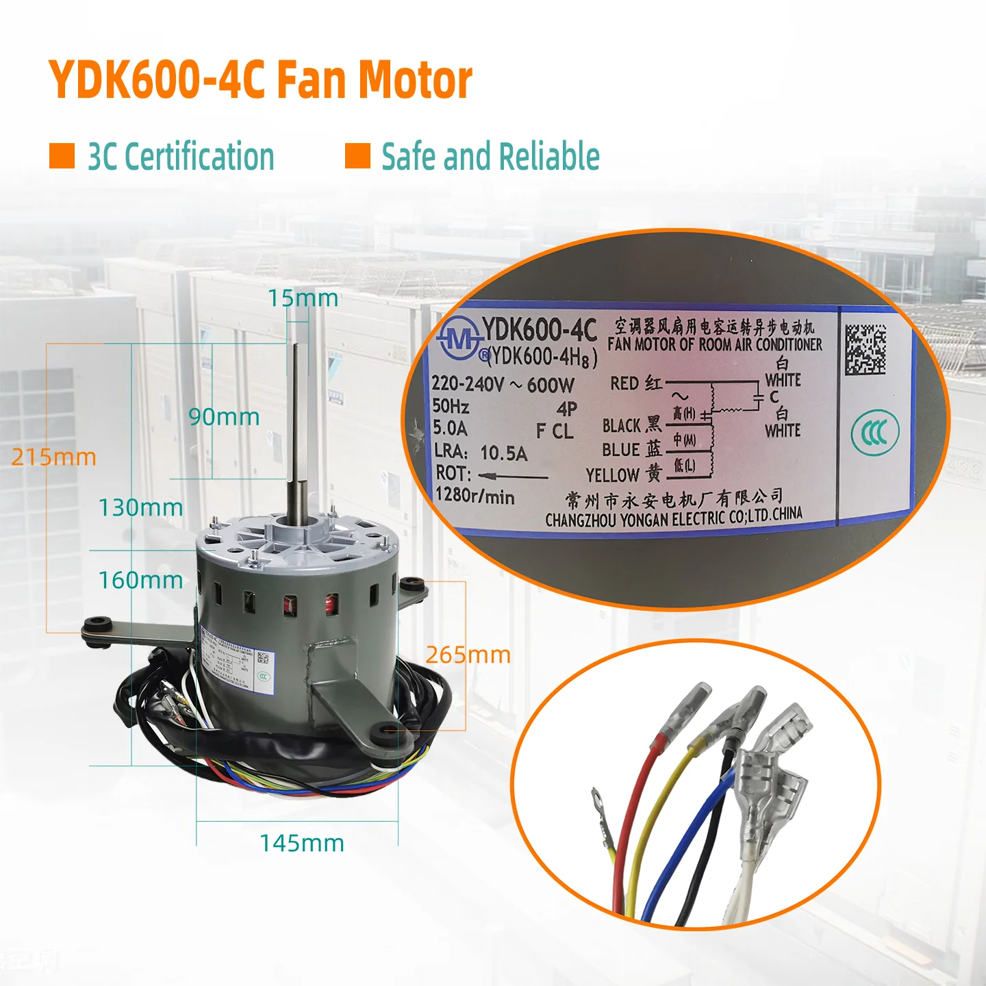 أجزاء لمحرك مروحة مكيف الهواء YDK600-4C YDK600-4H8 AC220-240V 50HZ 5.0A 1280RPM 600W CW FCL