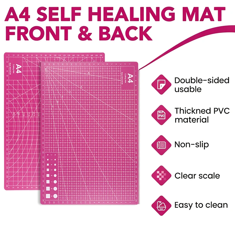 Pink self-healing cutting mat set, A4 double-sided cutting mat, includes a 30cm metal ruler, boxed carving knife with 5 spare blades, complete set of DIY craft tools, suitable for sewing, holiday cards, and birthday gi