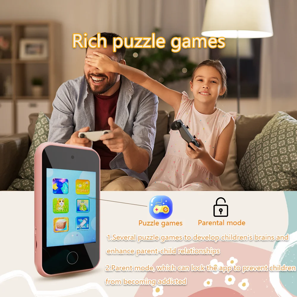 Appareil photo avec lecteur de musique pour enfants, jouets pour tout-petits, téléphone portable du matin, faux téléphone intelligent, écran tactile de 2.4 pouces, apprentissage de l'appareil photo, garçons et filles