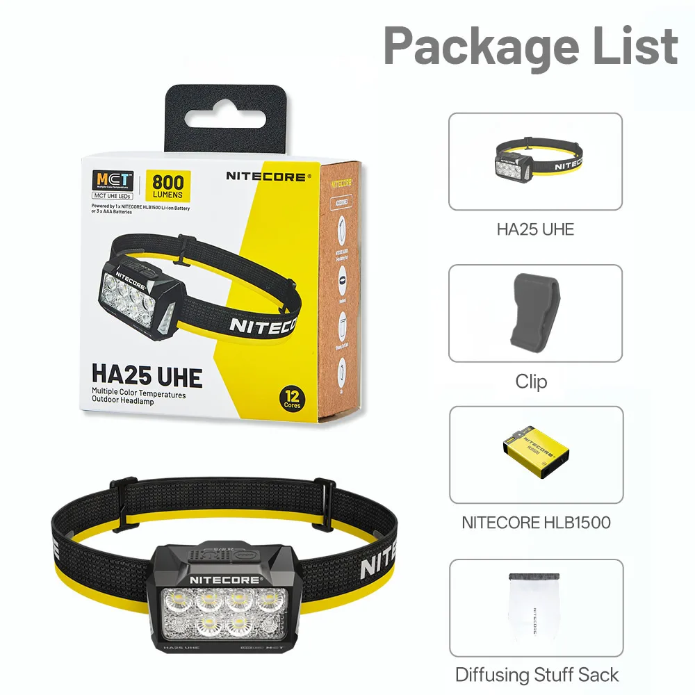 Nitecore HA25UHE Multiple Color Temperatures Outdoor Headlamp + HLB1500 Rechargeable Battery Lightweight 800 Lumens Running