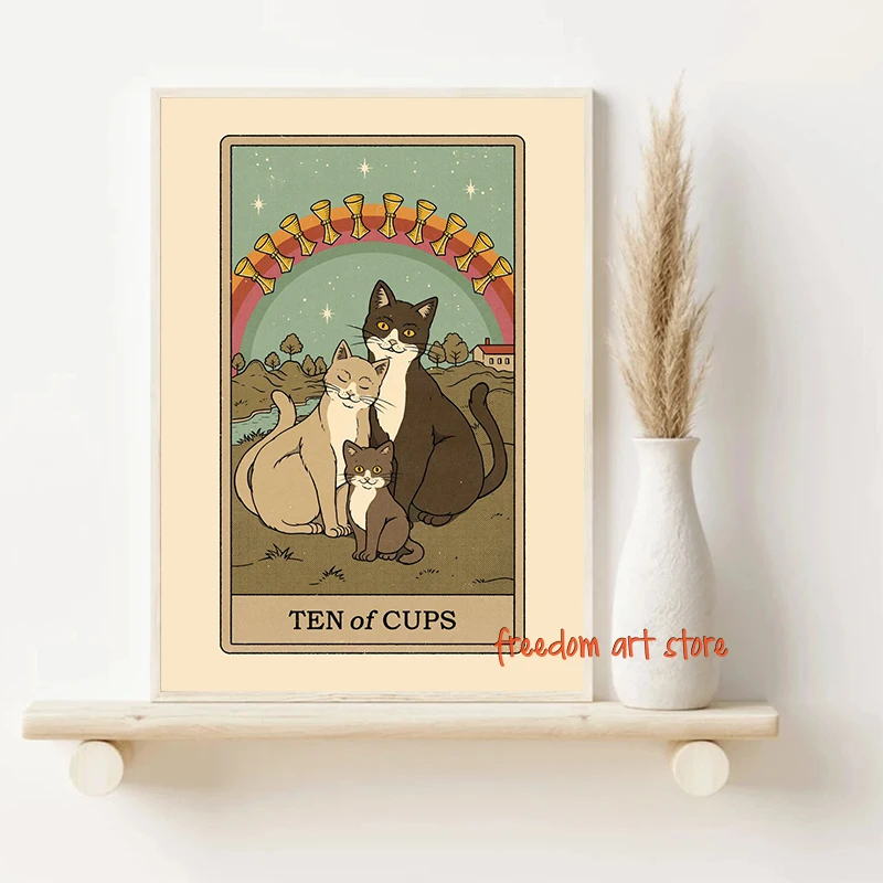 Cats Tarot Art Poster The Sun Queen of Wands Ace of Paws Knight of Cups Art Poster Canvas Painting Wall Print Picture Home Decor