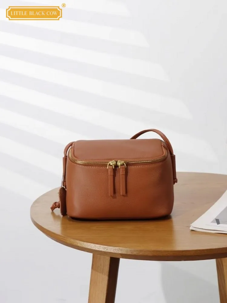 

Women New Small Square Bag Zipper Fashion Box Bag Solid Color Genuine Leather Bag Ladies Casual Single Shoulder Crossbody Bags