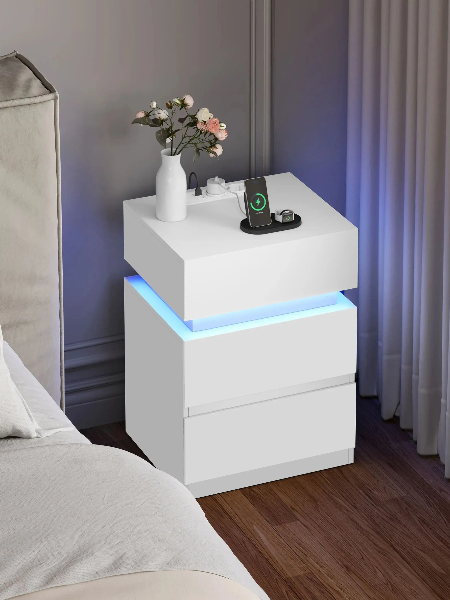 WOLTU Nachttisch, weiß/schwarz, Nachttisch mit LED-Beleuchtung, 2 Schubladen, USB-Ladefunktion, schmaler Sofatisch