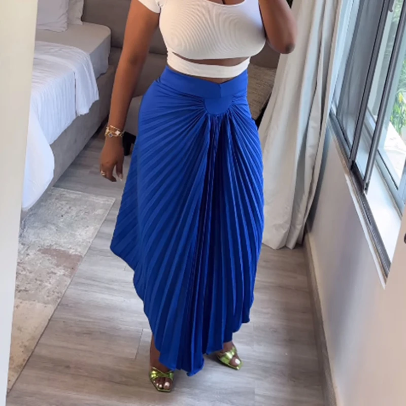 

BKLD Feminine High-Waisted Pleated Skirts Elastic Waist Elegant BlueIrregular New Mid-long Skirt Office Lady Streetwear Bottoms