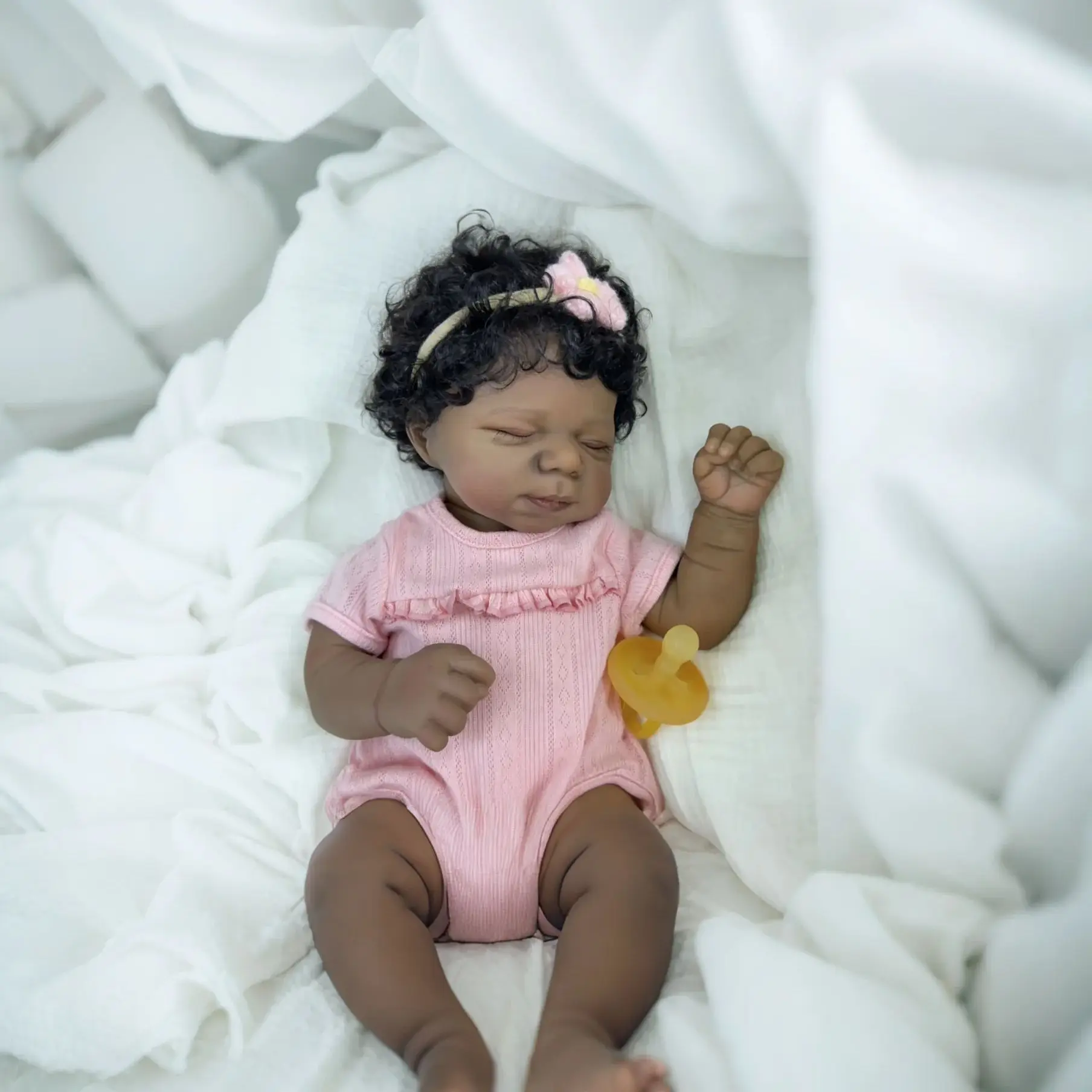 MRB 18 Inch Dark Skin Reborn Baby Doll Pascale African Americans Black Doll Handmade Rooted Curls Hair Soft Cloth Body Doll