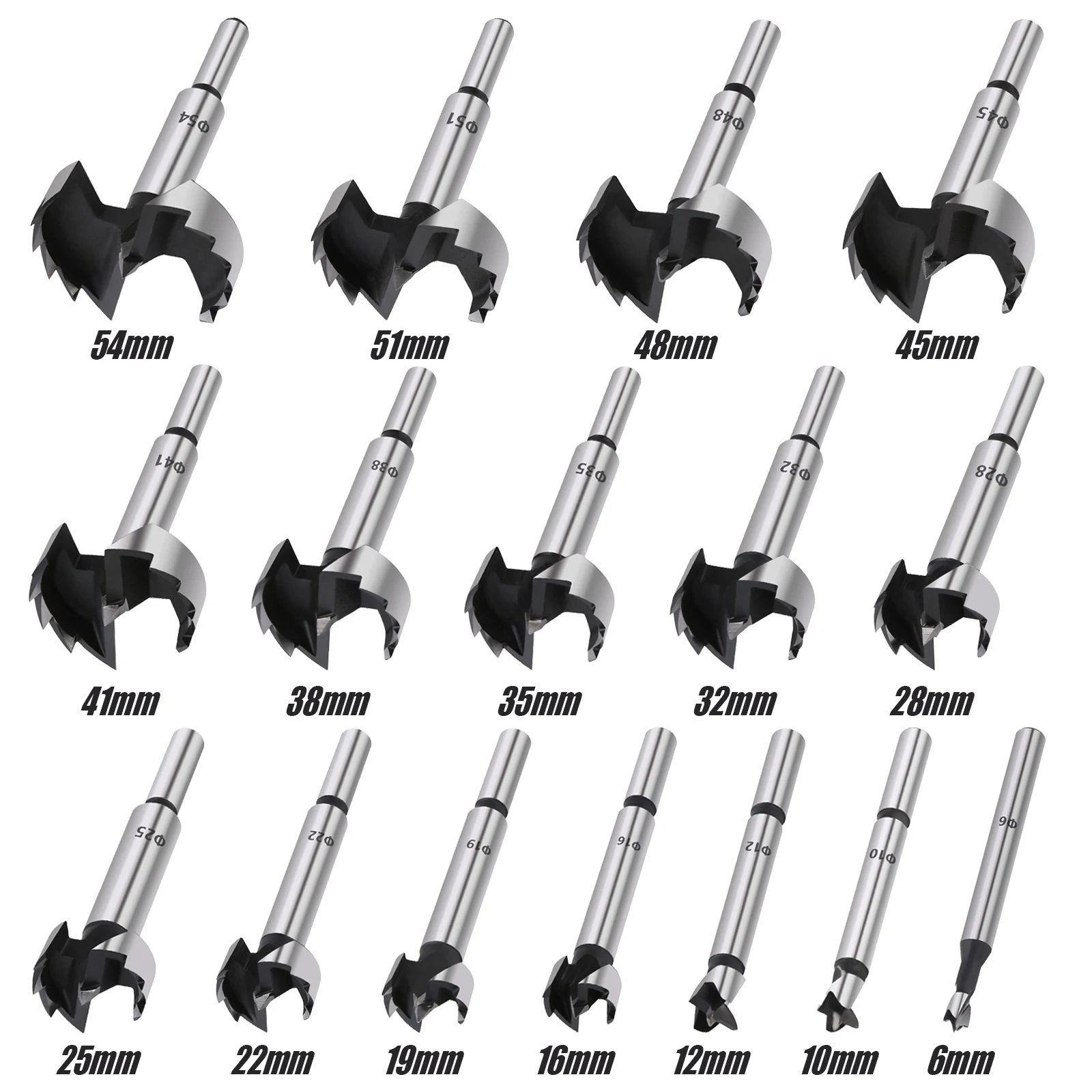 Versery 16PCS 6-54mm High Carbon Steel Forstner Tips Woodworking Tools Hole Saw Cutter Hinge Boring Drill Bits Round Shank