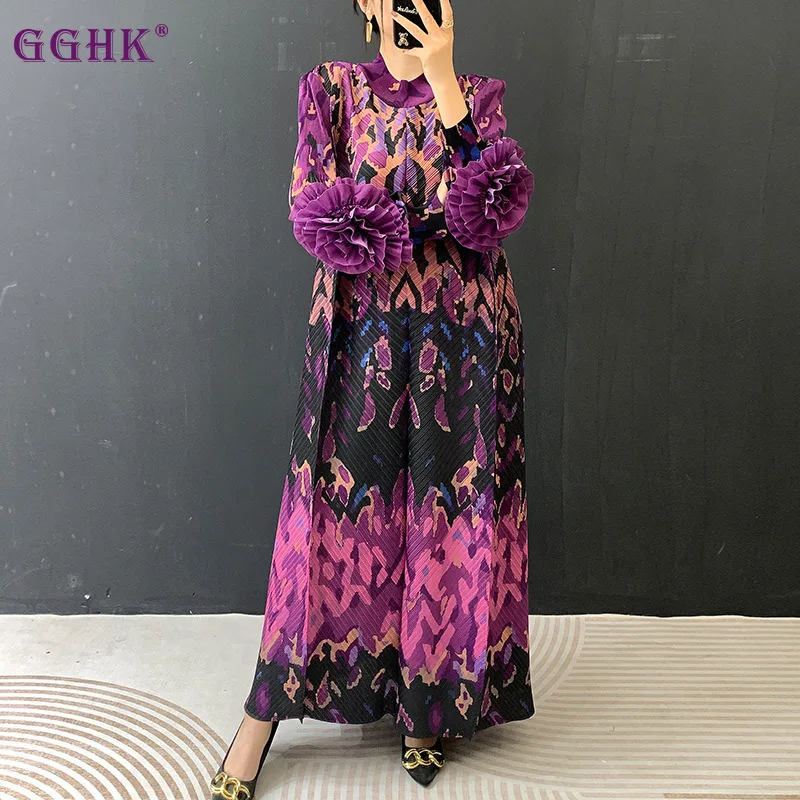 

GGHK Pleated Floral-Sleeve Dress Spring 2026 New Arrival Geometric Pattern Vintage Print Loose Fit Plus Size Casual Evening Gown