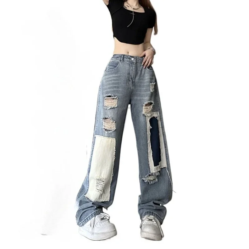 Primavera e outono masculino nicho design sentido retro em linha reta solta calças de perna larga americano high street emenda jeans rasgados