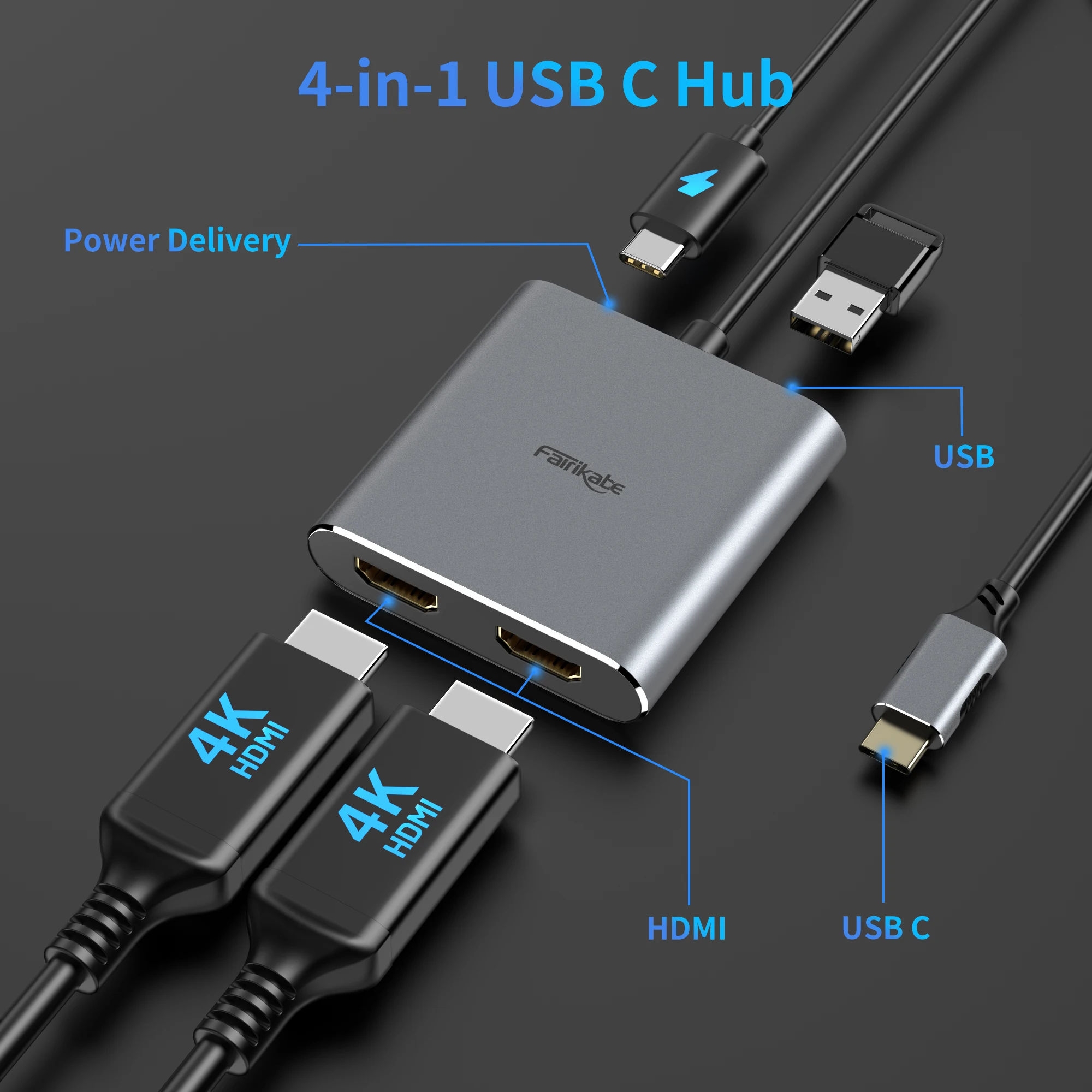 Fairikabe USB C To Dual HDMI Hub 4K 60Hz 4IN1 USB C to HDMI Converter With 100W PD Charging USB 3.0 Compatible Thunderbolt 3/4