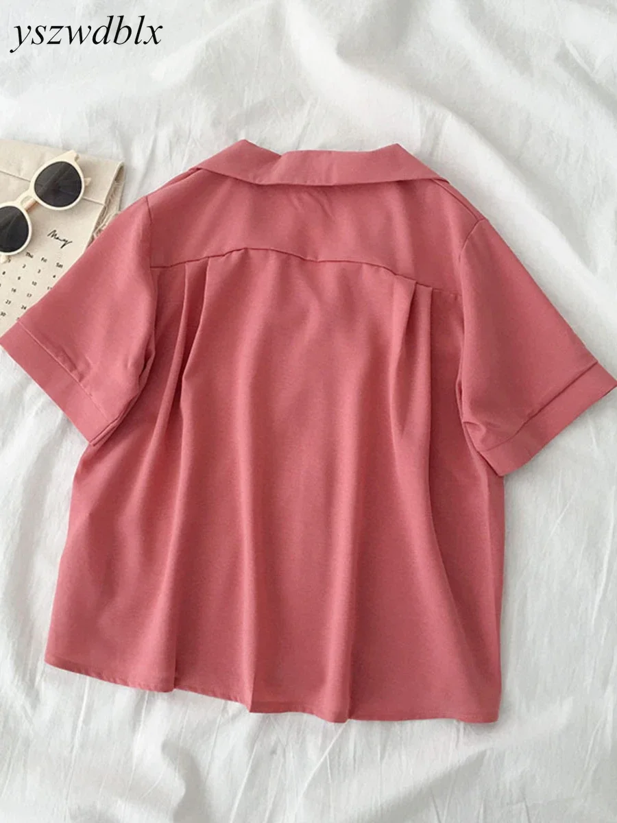 YSZWDBLX-Chemise à Manches Courtes en Mousseline de Soie pour Femme, Blouse Décontractée, Couleur Unie, Col Rabattu, Style Coréen, Blanc, Rose, Été,