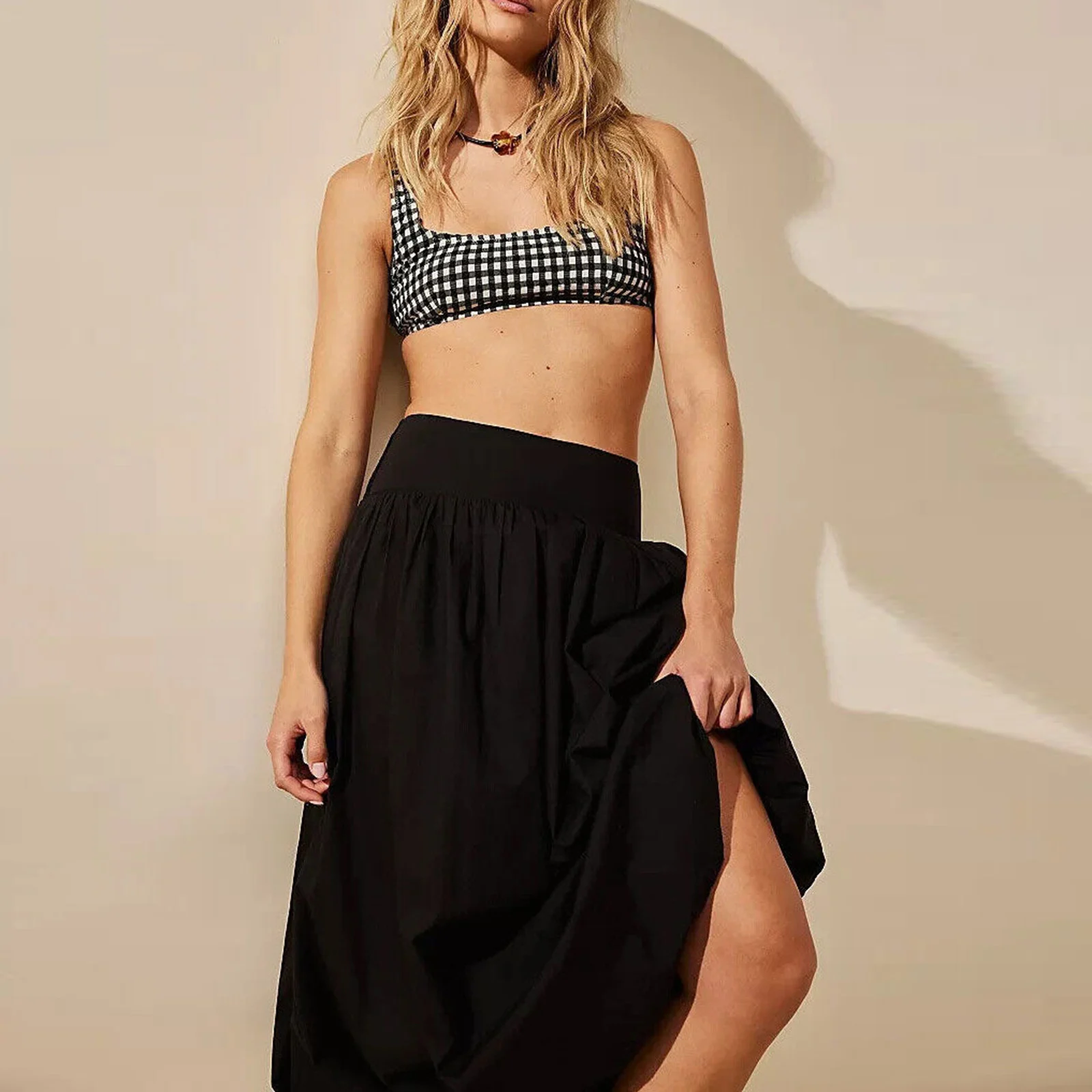 Women's Y2k Bubble Maxi Skirt Low Elastic Waist Ruffle Pleated A-line Long Skirts Summer Beach Loose Cute Puffball Balloon Skirt