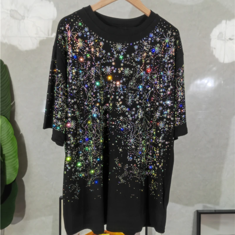 Chic Women Diamond Starry Sky T-shirts Short Sleeve Sky Stars Hot Drilling Tees  Front and Back elastic Beaded Jumpers Crop Tops