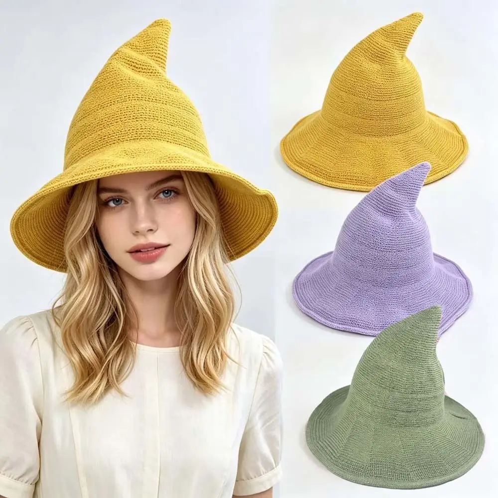 Halloween Beanie Knitted Witch Hat Wide Brim Solid Color Wizard Cap Breathable Crochet Texture Pointed Bonnet Teens