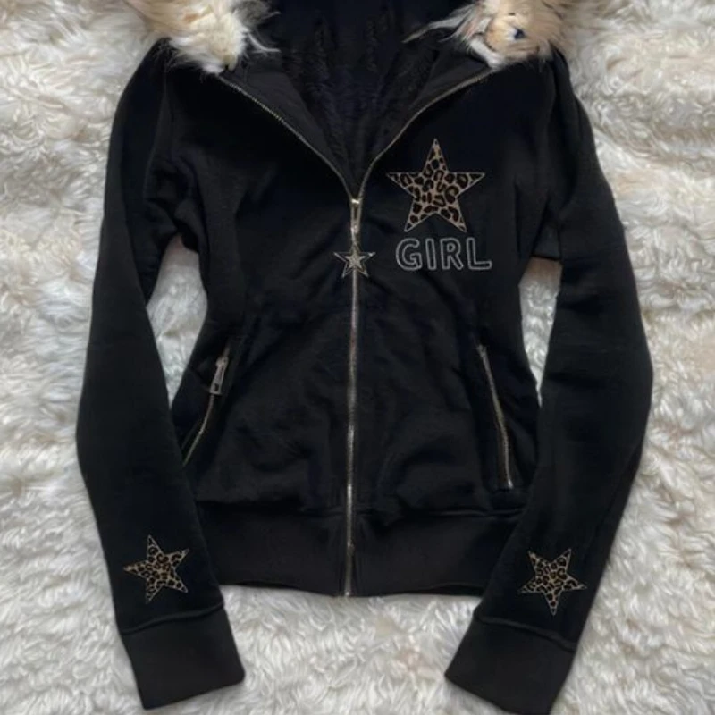 Retro Herbst und Winter Subkultur schwarzer Leopardenmuster Stern Kapuze Fleece Kragen Reißverschluss Sweatshirt Y2K Hoodie