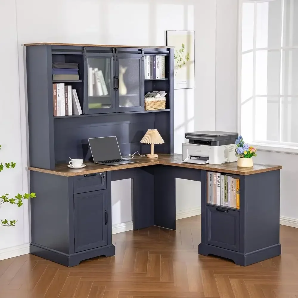 60 L-Shaped Desk with Hutch, Executive Style, Lockable Drawers, Built-in Outlets, Adjustable File Drawer, Antique Blue