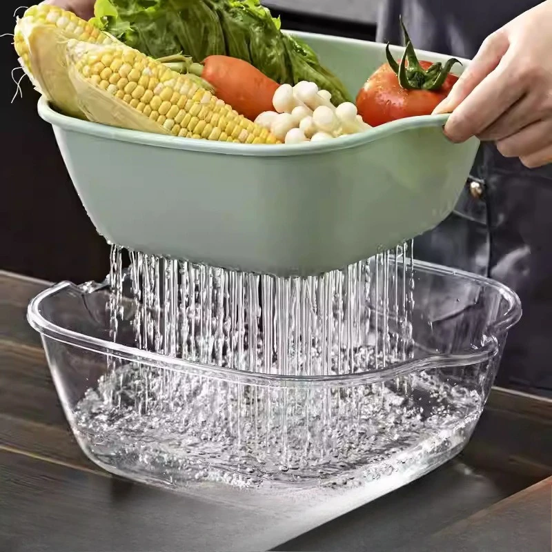 Transparent Double-Layer Drain Basket, Food-Safe Kitchen Colander for Fruits, Veggies, and Salads