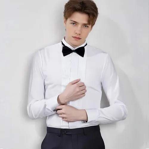 Imagen 2 del producto Camisa de vestir clásica con cuello alado para hombre, esmoquin Formal con punta de ala, camisas, pajarita roja y negra, fiesta, cena, boda, novio, 8XL