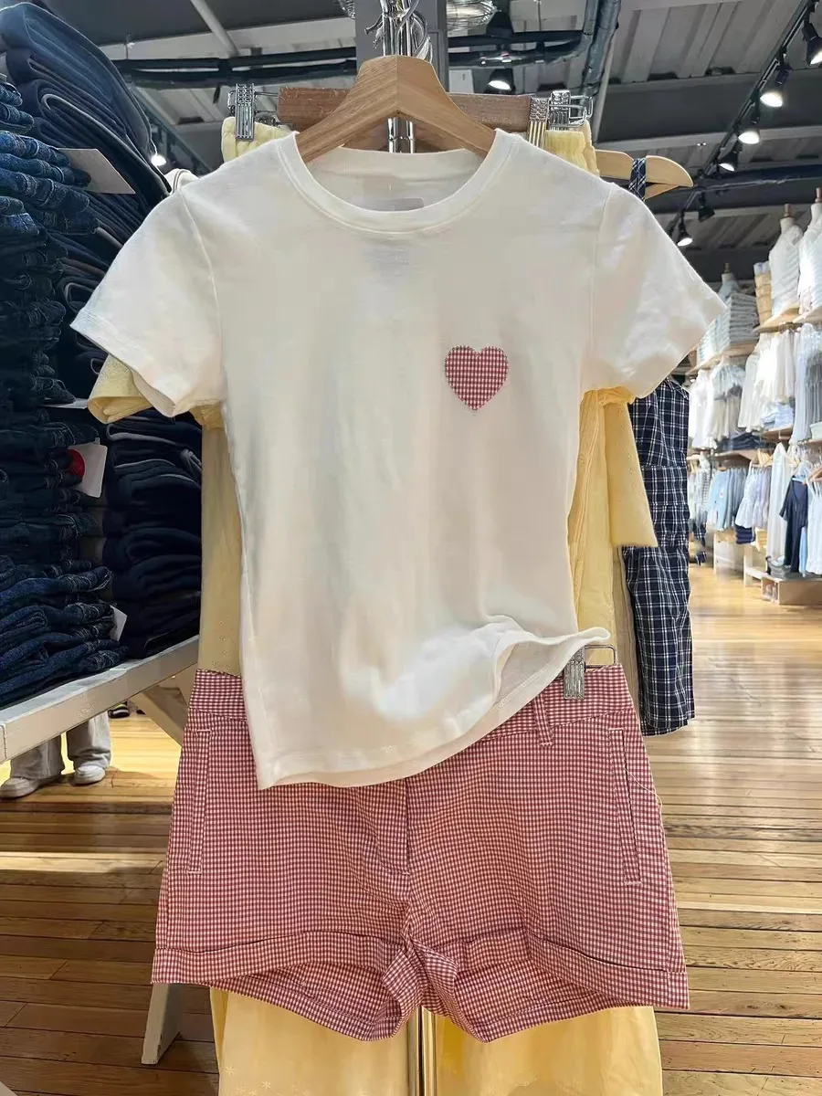 สีชมพูหวานลายสก๊อตกางเกงขาสั้นผู้หญิงฤดูร้อนผ้าฝ้ายลำลองหลวมยืดหยุ่นเอวสูงกางเกงวินเทจสไตล์พรีปปี้สเวตเชิ้ต