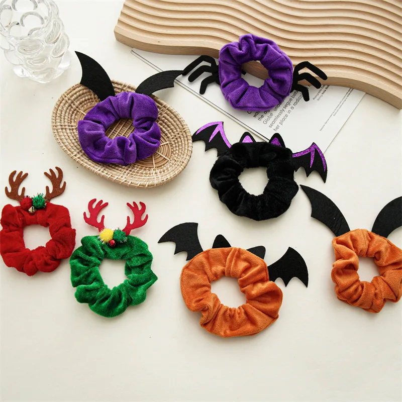 Halloween Haarband Spinne Fledermaus Geweih Kürbis Haar Seil Für Mädchen Elastische Haarbänder Flanell Scrunchies Pferdeschwanz Halter