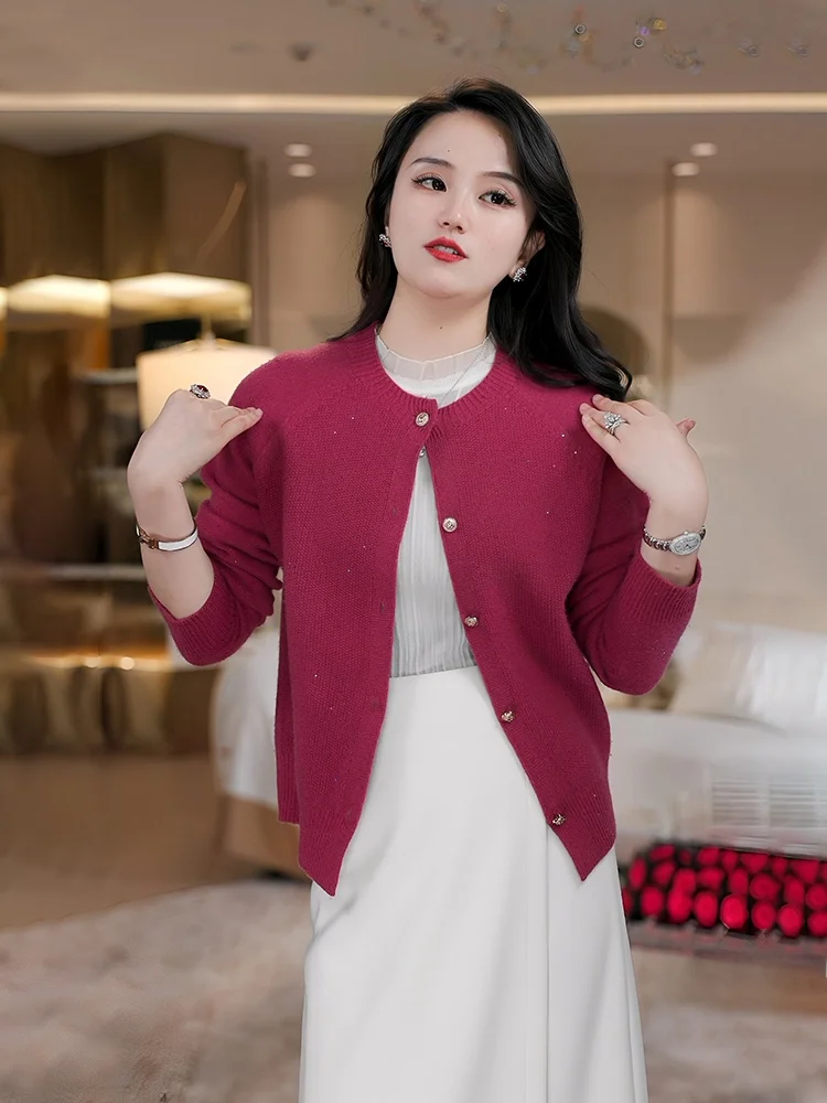 

Вязаный шерстяной кардиган Ele для женщин, весна-осень 2026, новая корейская модель, свитер-пальто с пайетками, повседневный, мягкий