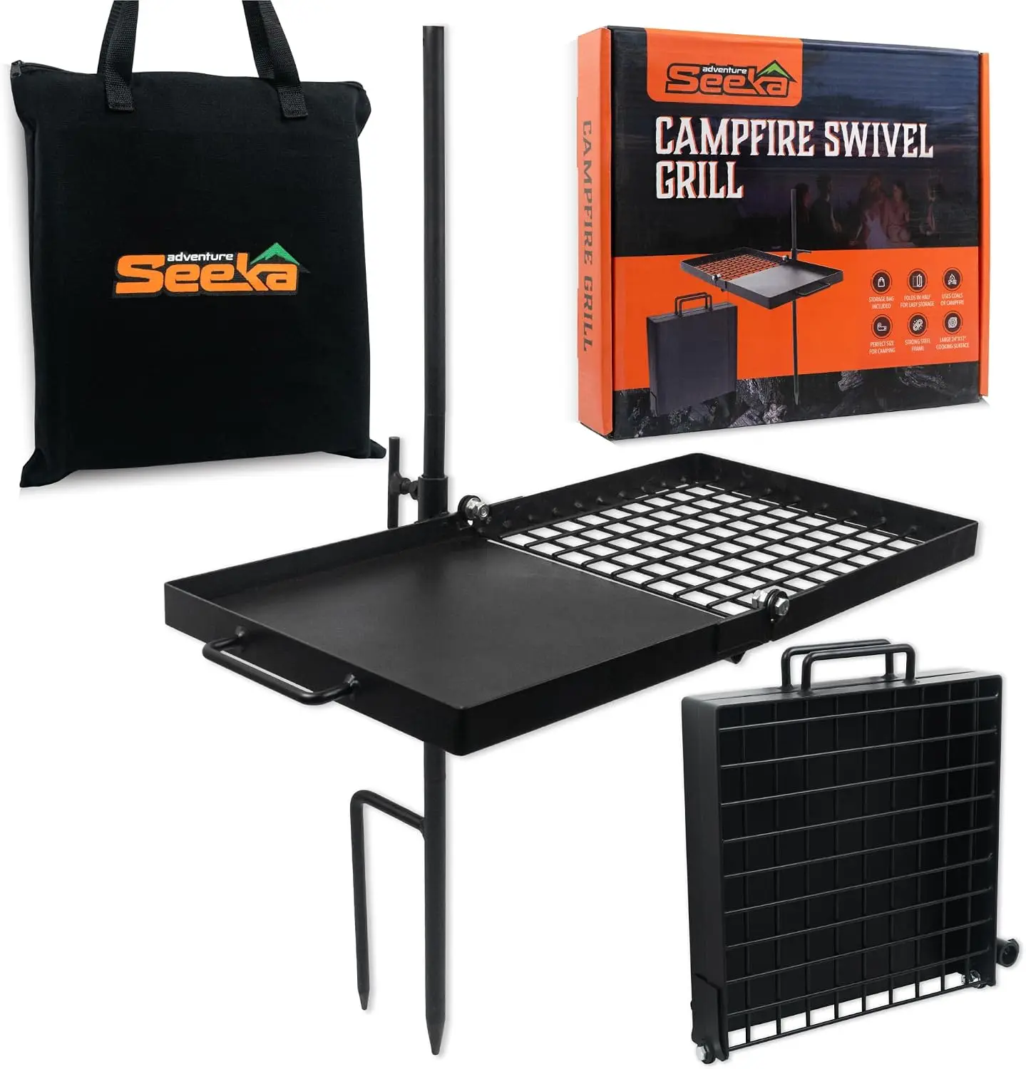 24-Inch Heavy-Duty Foldable Campfire Grill with Space-Saving Swivel Design, Food-Safe Cooking Surface, Plus Grate and Griddle for Campfire Cooking