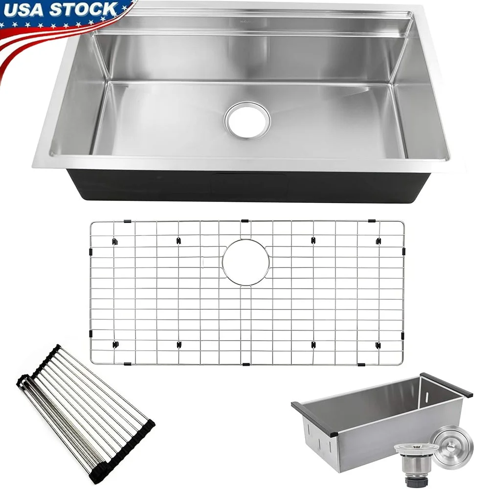 

36 Inch Large Stainless Steel Kitchen Sink Single Bowl Undermount Prep Station with Colander Drain Grid Roll Up Mat