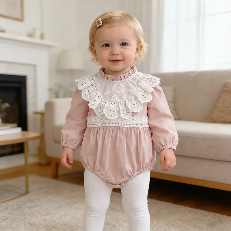 0-24M Baby Girl Bodysuit Long Sleeved Cotton Romper 2026 New Spring Lace Splicing Newborn Baby Girl Jumpsuit Children Clothes