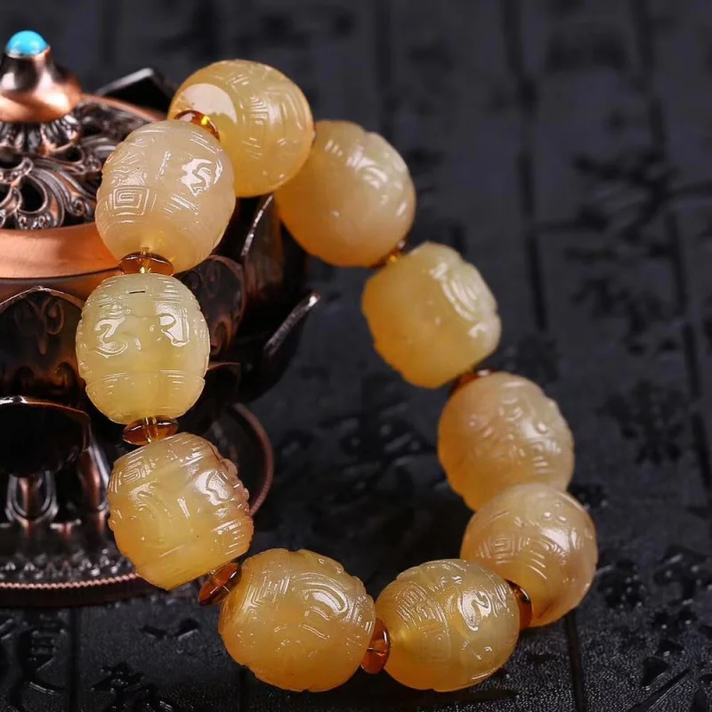 

NaturalOld Sheep Horn Six Words Mantra Buddha Beads Full of Blood Cornu Caprae Hircus Bracelet Men and Women Wei