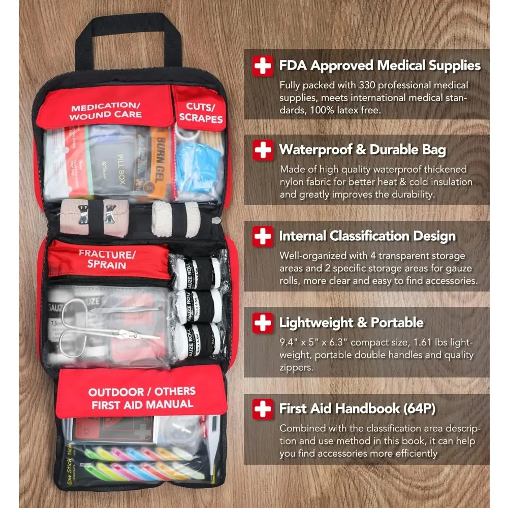 330pcs Premium Waterproof Compact Trauma Medical Kit for Any Emergency, Suitable for Home, Office, Car, Travel, Boating (Red)