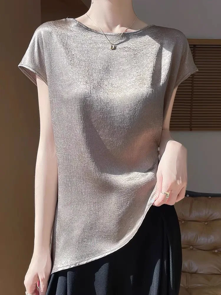 خلات الساتان ort Sve تي شيرت المرأة الجولة Ne اللون غير المتكافئة f Sve الصيف وصول جديد الرطوبة ng #4