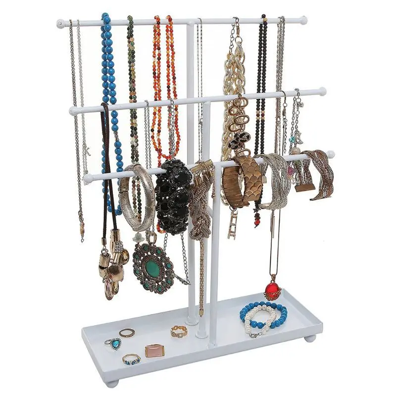 Detachable 3 Layersiron Jewelry Rack with Tray Necklace Bracelet Hanging Hair Rope Key Storage Frame Earring Erings Holder