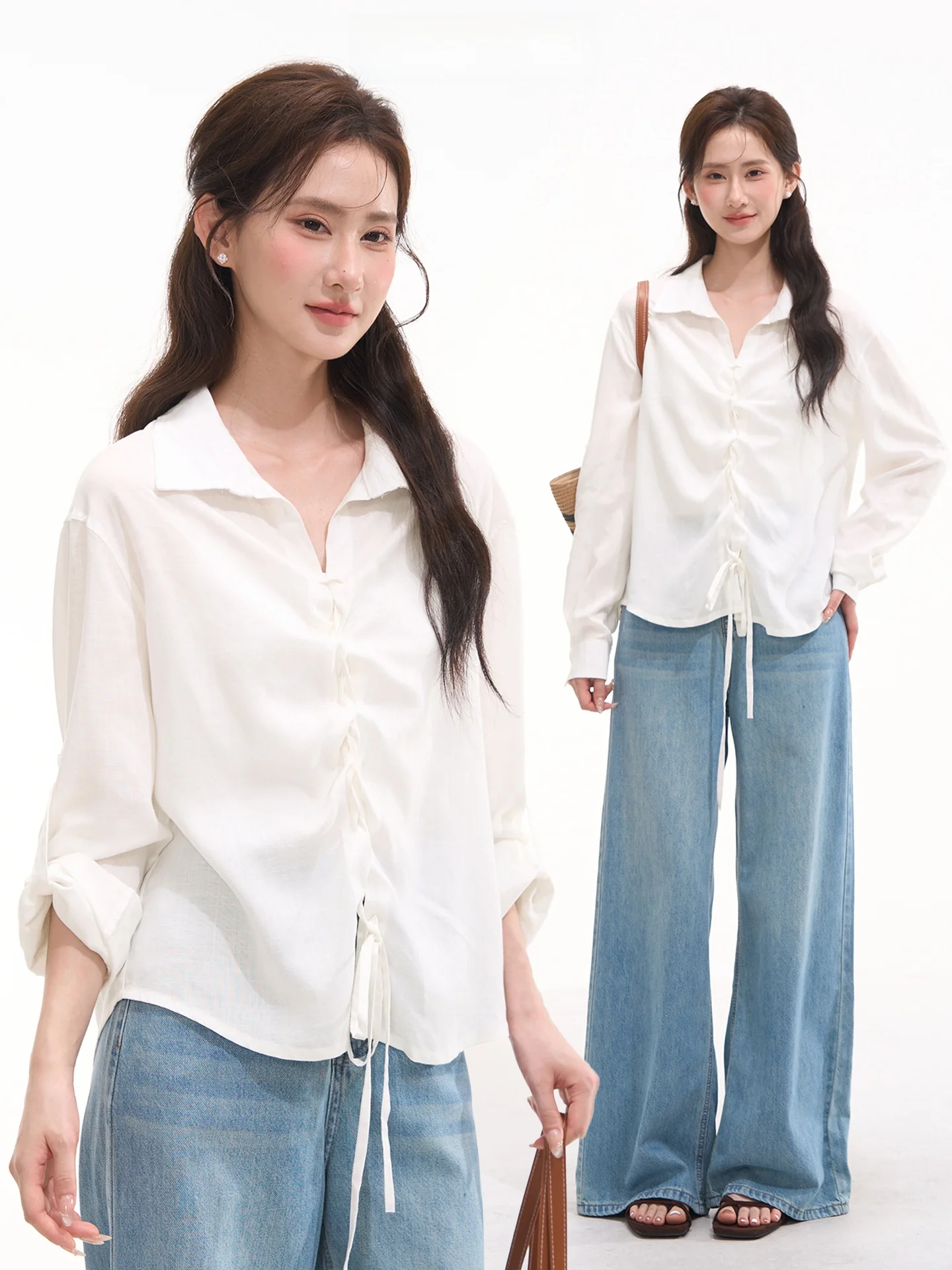 

Женская летняя блузка Heme Original Design из шелка и льна с поясом, рукавом три четверти, в нежном стиле, свободного кроя, с отложным воротником