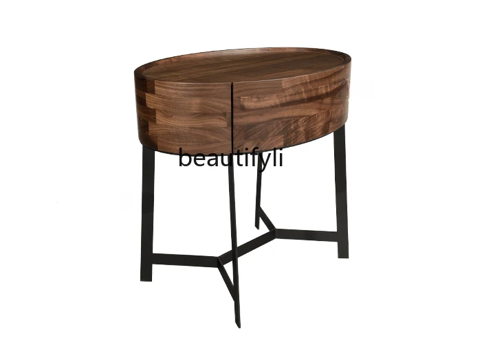 

Italian Light Luxury Solid Wood Oval Small Coffee Table Living Room Black Walnut Wooden Corner Table Simple Sofa Side Table