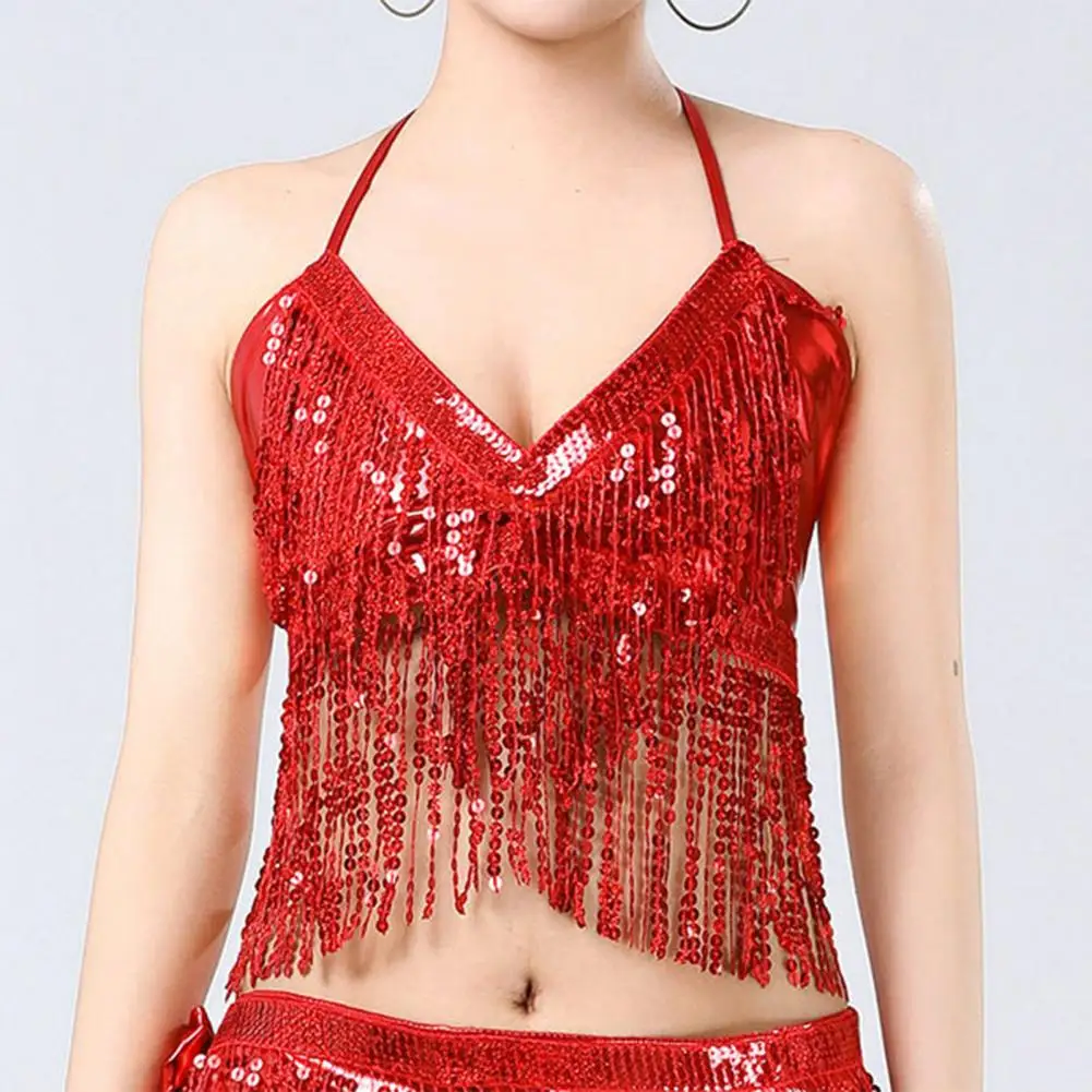 Sparkly Belly Dance Blouse Women Sparkling Sequin Tank Top Belly Dance Fringe Vest Glitter Factor Party Sparkling Cropped Top