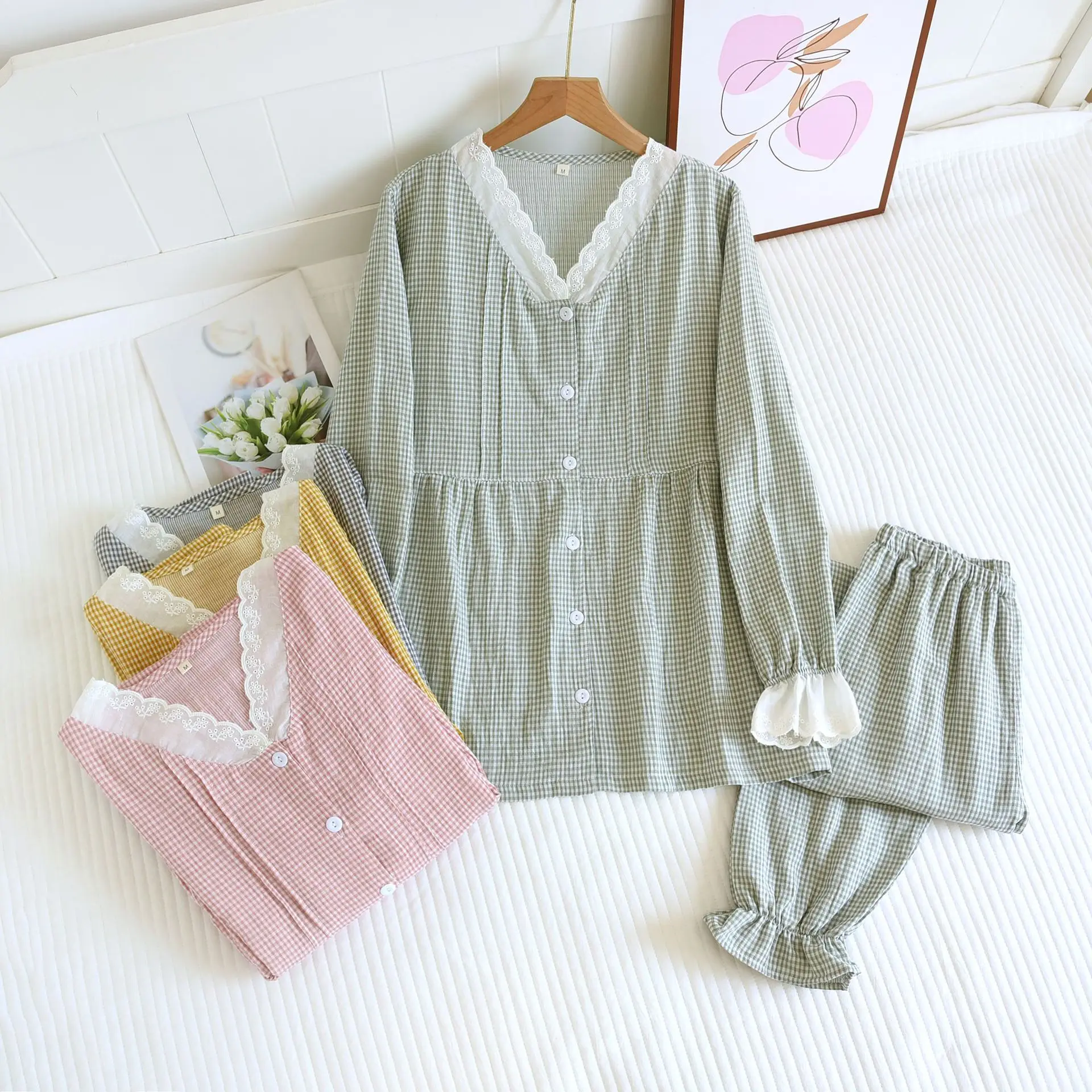 Yarn-dyed Small Plaid Women's Pajamas Lace V-neck Long Sleeved Pants Thin Home Clothing Double Layer Cotton Yarn Sleepwear