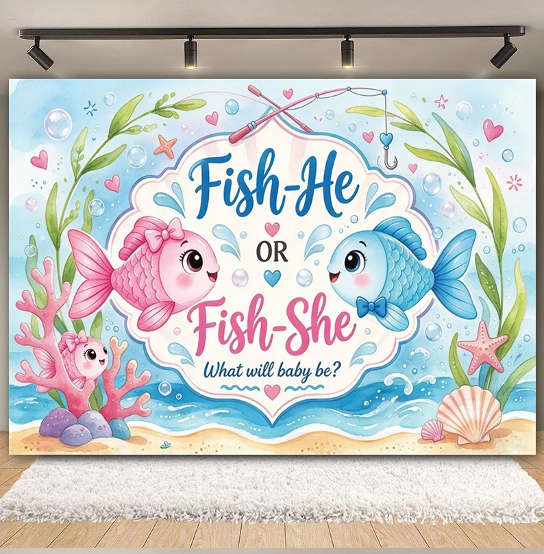 Fish He or She Gender Reveal Photography Backdrop Pink Blue Ocean Fish Coral Newborn Baby Shower Birthday Party Photo Background