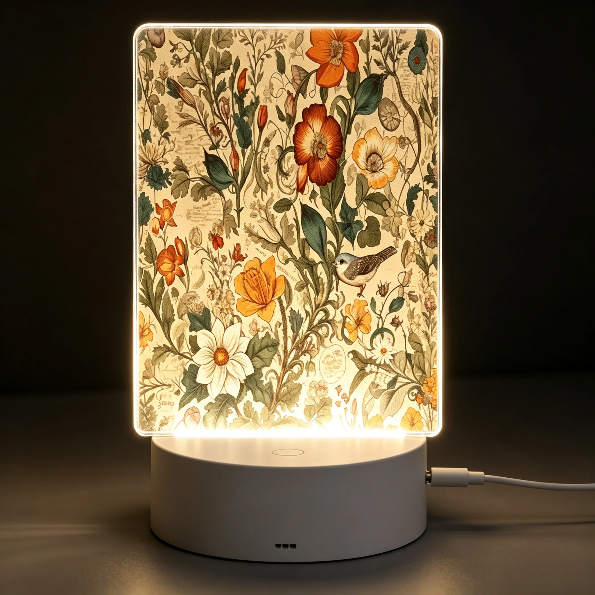 Vintage Floral Bird Acrylic Night Light, LED Bedside Lamp Retro Botanical Home Bedroom Decor Gift