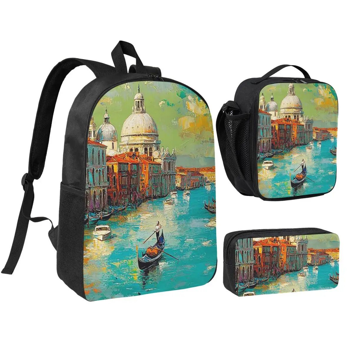 Venice Canal Italy Landscape Backpack Student BookBag School Bag Shoulder Bags 3ps Insulated Lunch Bag Pencil Case