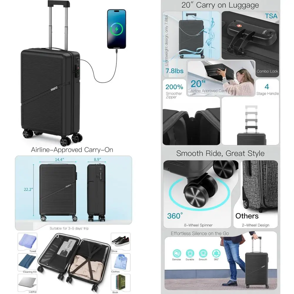 

Легкий 20-дюймовый чемодан-спиннер с твердой поверхностью и замком TSA, чемодан, одобренный авиакомпанией для путешествий