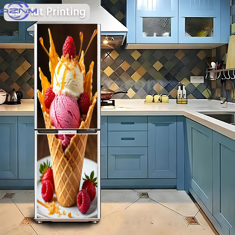 1pc 2D Flat Design Refrigerator Sticker,Waffle Cone Ice Cream with Berries Wall Decal, Self-Adhesive Wallpap