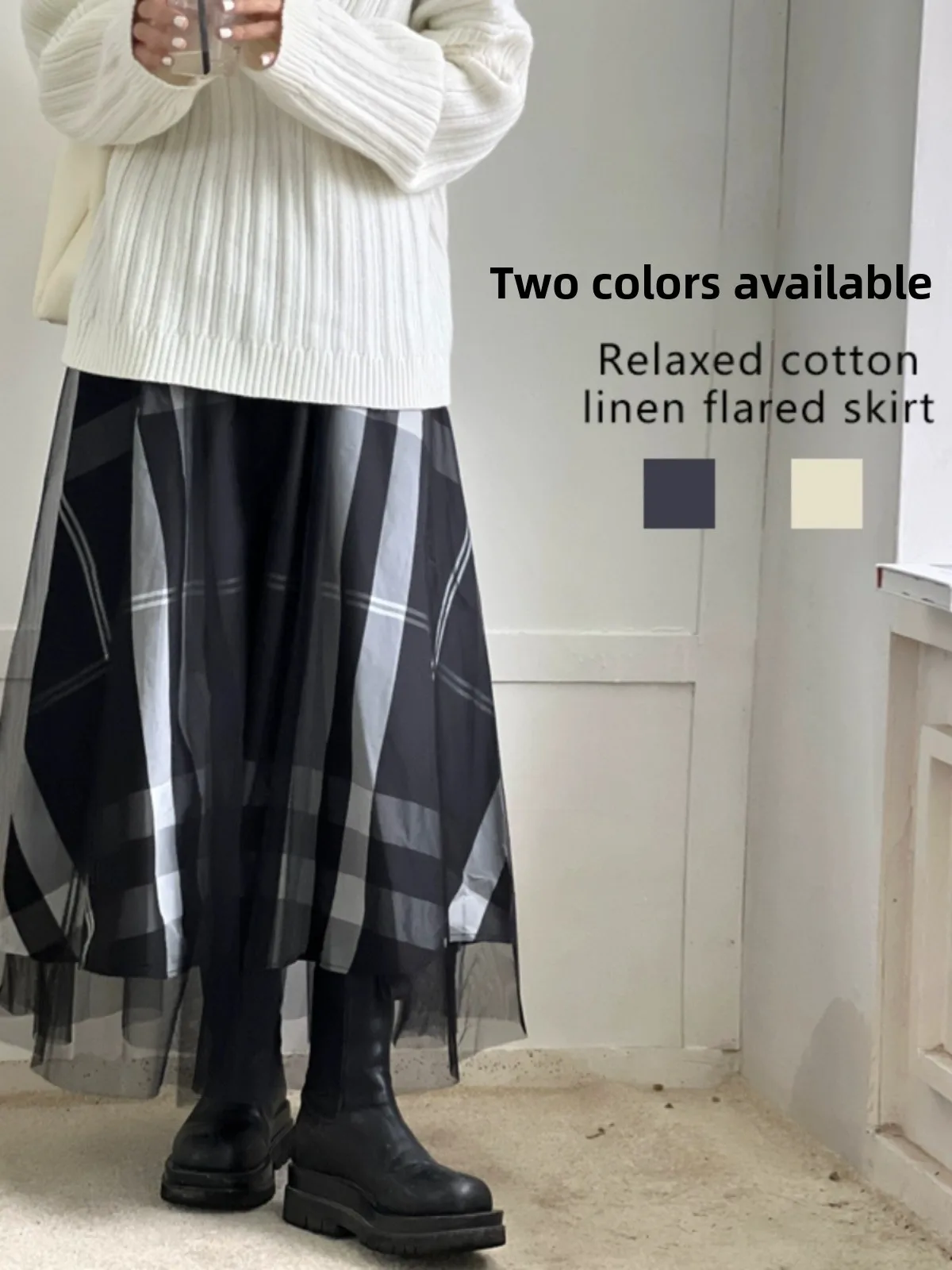 

Loose A-Line Midi Skirt Large Plaid Japanese Sle Sweet Sle mid Waist Design Long Skirt Polyester Fiber 25-29 Years Old