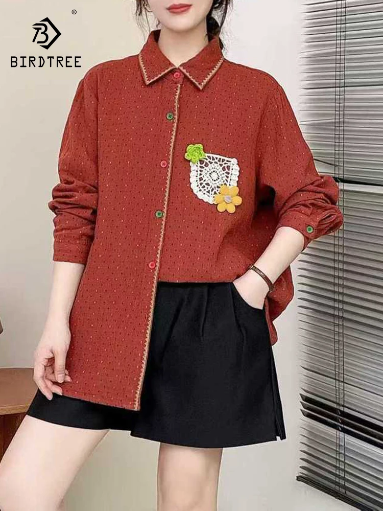 جديد 2025 خريف غزل القطن قميص طويل الأكمام ، المرأة بدوره إلى أسفل طوق التطريز جيب ، موري فتاة ريترو OL بلوزة فضفاضة T5O754CC #1