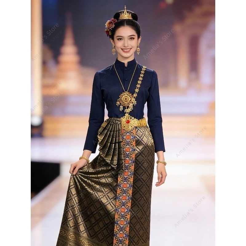 thailand dress Traditional Thai for Women Long Sleeve Autumn Winter Thai Costume Elegant Chut Boromphiman Style Annual Meeting Oriental cultural events muscle back Light Blue Homecoming Dresses Color:Pink / Ivory Pink
