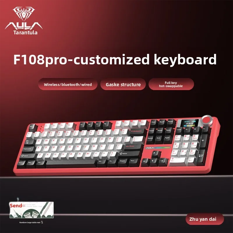 AULA F108 PRO Tri-Mode Wireless Mechanical Keyboard with Display Full Size Keyboard Low Latency for FPS E-Sports Gaming/Office