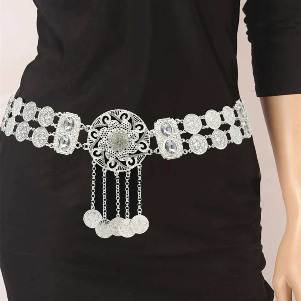 

Long Coin Pendant Dance Waist Chain Sexy Silver Belt Indian Gypsy Ethnic Style Women's Belly Hollow Flower Jewelry Accessory