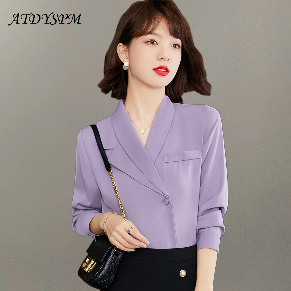 Elegant Office Lady Long Sleeve Purple Blouses Vintage Notched Neck Shirts Woman Casual Female Tops Blusas Mujer De Moda 2024